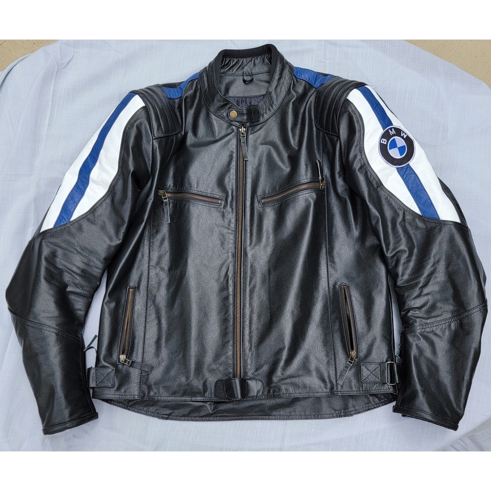 BMW Genuine Leather Motorcycle Jacket Mens XL Black Blue White